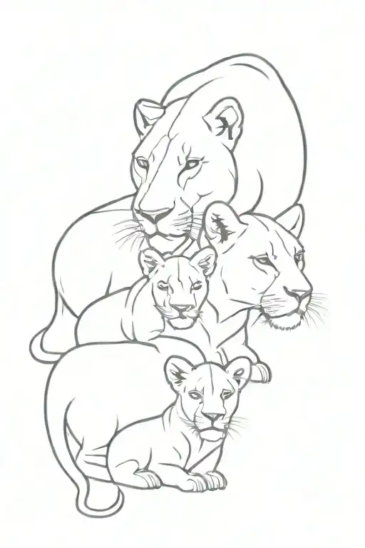 Lioness And 2 Cubs Line Art Tattoo Design