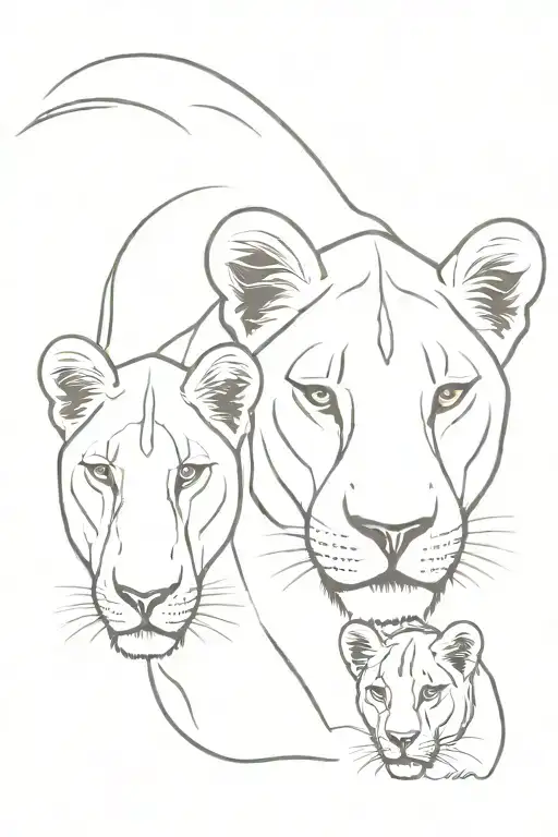 Lioness And 2 Cubs Line Art Tattoo Design Face Only