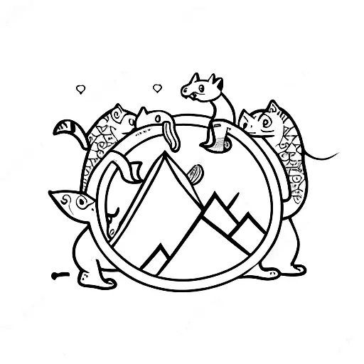 A Panda And A Dinosaur And A Dolphin And A Cat Taking Each Others Hand Around A Camp Fire