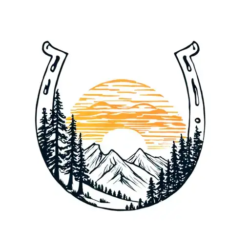 Mountain Range And Sunset With Trees In A Horse Shoe