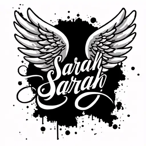 Angel Wings With The Word Sarah In Cursive In The Middle Of The Wings
