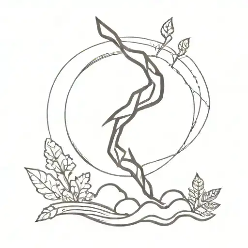 A Stylized Lightning Bolt Intertwined With Abstract Lines And Nature Elements