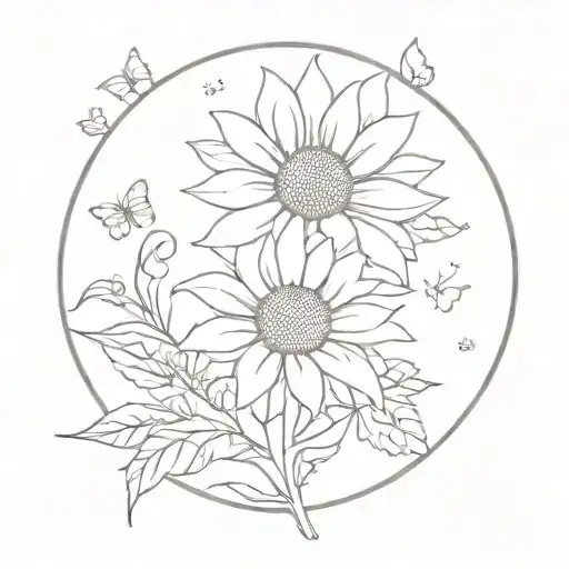 Minimalist Sunflower With Tiny Butterflies Surrounding It