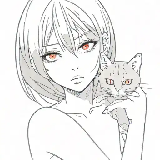Anime Girl Sketch Drawing Black Eyes Black Hair In Hands Holding A Cat In The Background Red Eyes