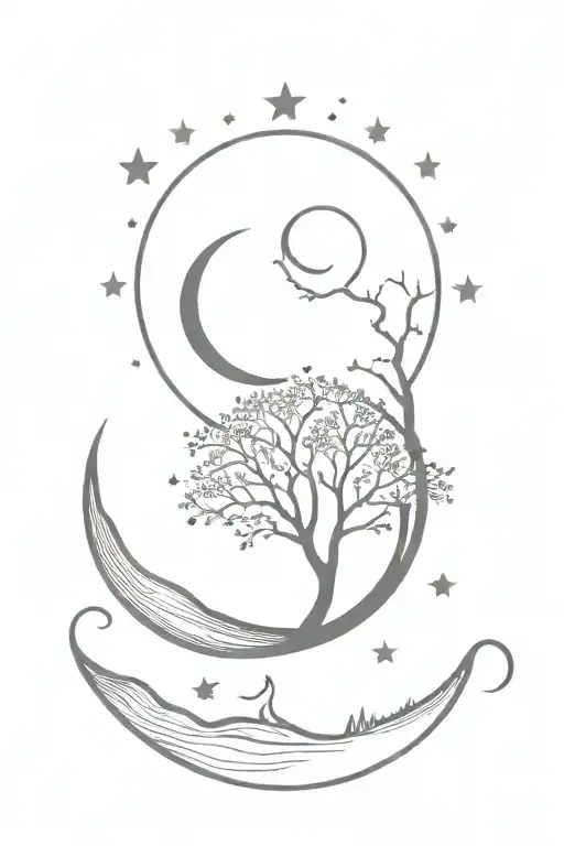 A Minimalist Tattoo Of A Tree Silhouette Under A Crescent Moon And Star-filled Sky