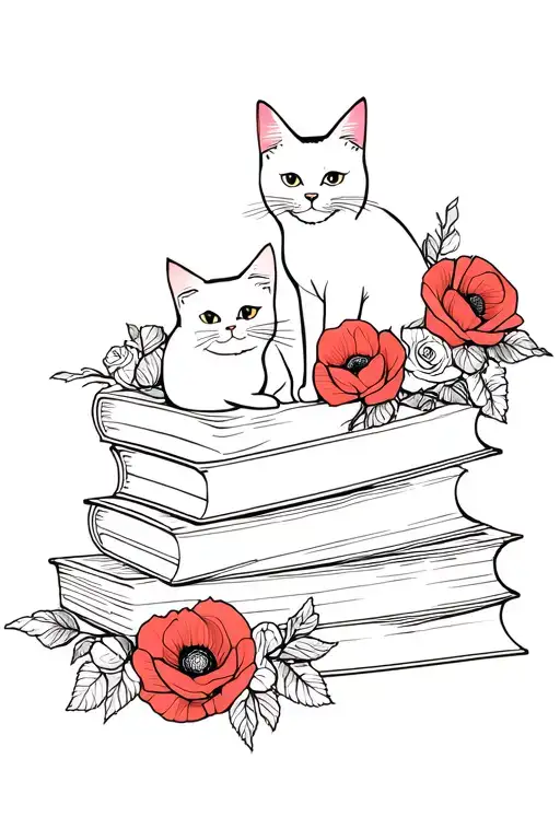 Stack Of Book Surrounded By 2 Cats With Roses And Poppies