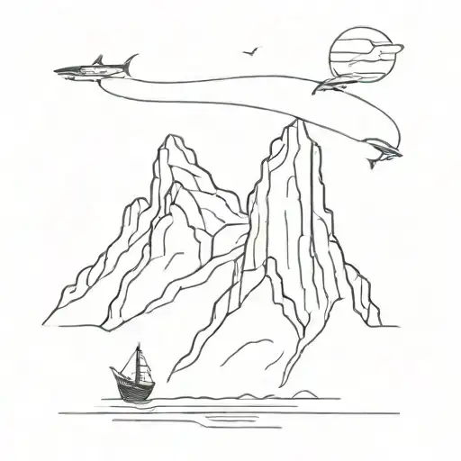 A Minimalist Tattoo Of A Rocky Cliff With A Fishing Boat At Sea