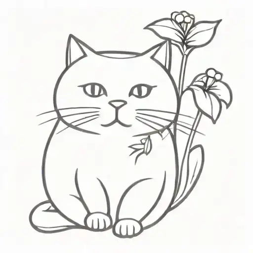 Minimalist Chubby Cat Sitting On An African Violet Flower