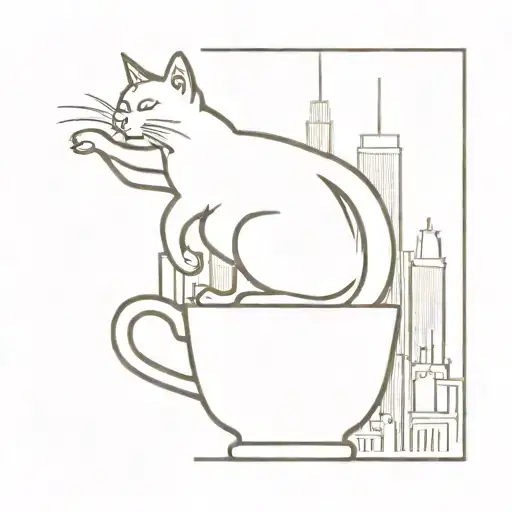 A Silhouette Of A Cat Climbing A Coffee Cup With A Skyline Of New York In The Background