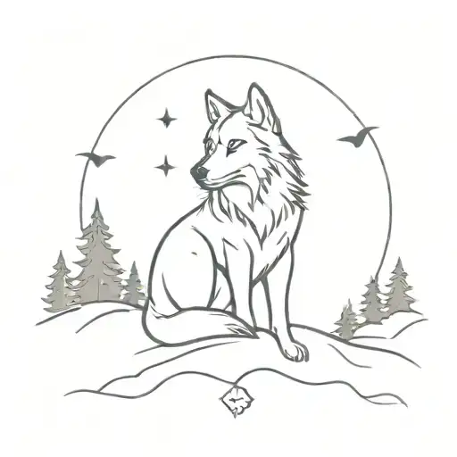 A Minimalist Tattoo Of A Wolf Silhouette Howling At A Crescent Moon