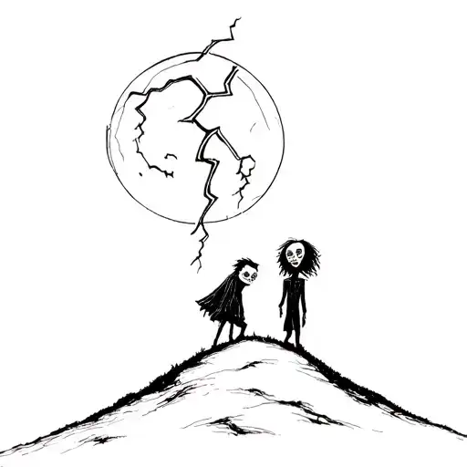 2 Tim Burton Characters Under The Moon With Bowie's Lightning On A Hill At Night