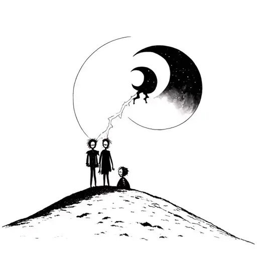 2 Tim Burton Characters Under The Moon With Bowie's Lightning On A Hill At Night