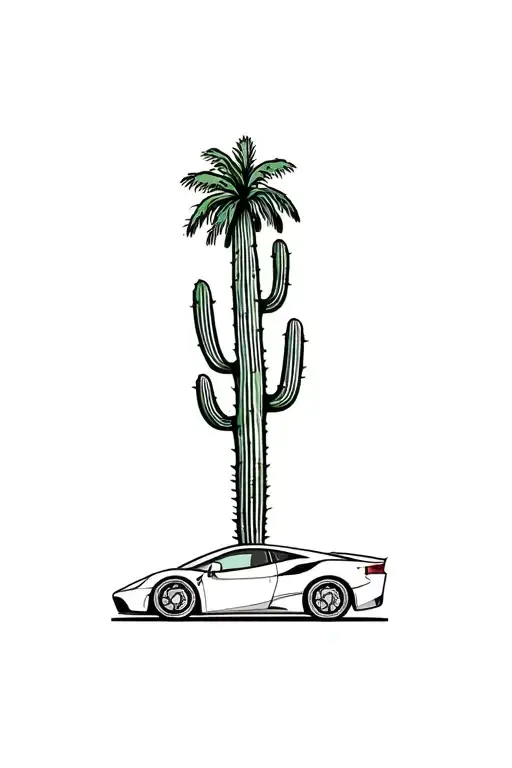 Cactus With Palm Tree And Ferrari Car