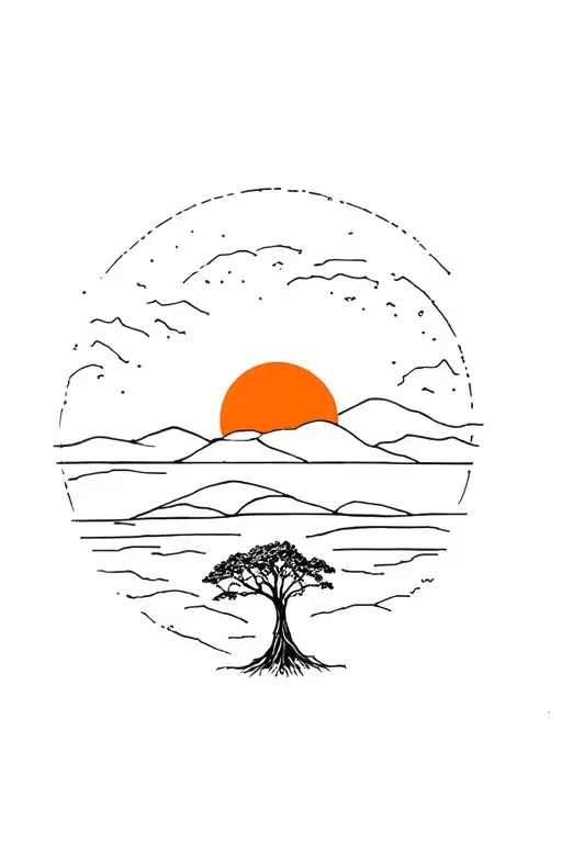 Big Sun Set With Skinny Tree