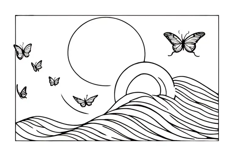 A Wave With A Sun And Moon And Two Butterflies Fluttering With A Line Art Technique