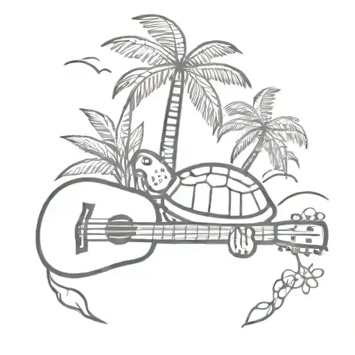 Turtle Playing Ukulele Under Palm Tree