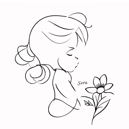 Side Profile Baby Girl In A One Line Style With The Name Sora And A Flower At The End