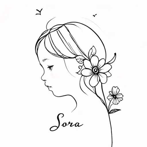 Side Profile Baby Girl In A One Line Style With The Name Sora And A Flower At The End