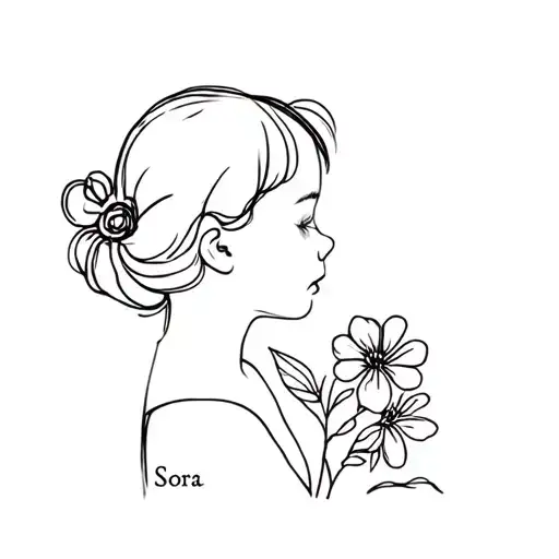 Side Profile Baby Girl In A One Line Style With The Name Sora And A Flower At The End