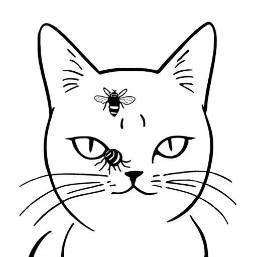 Line Art Of A Cat Silhouette With A Bee On The Nose