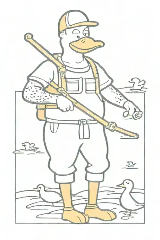 Cartoon Character With Waders And Duck Calls Around Neck