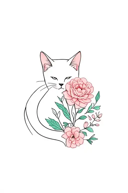 Combine A Cat And Flowers In Lineal Minimalist Tatto