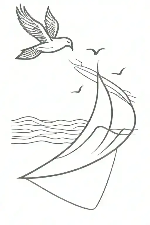 Vertical Fineline Tattoo With A Waveand A Surf Board Also A Paper Boat And A Bird