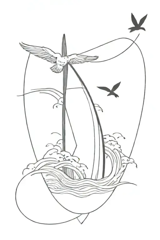 Vertical Fineline Tattoo With A Waveand A Surf Board Also A Paper Boat And A Bird