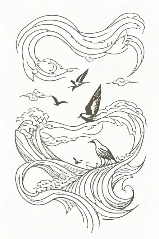 Vertical Fineline Tattoo With A Wave And A Surfboard Also A Small Paper Boat And A Bird