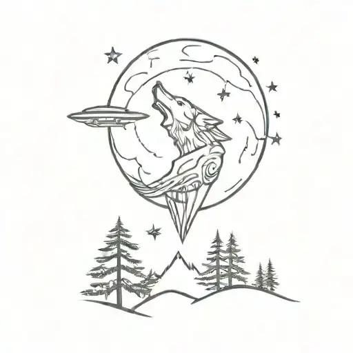 An Alien Spacecraft Flying Over A Forest With A Wolf Howling At The Moon
