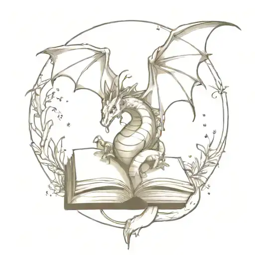 A Minimalist Tattoo Of A Dragon Wrapped Around A Book With Space-themed Elements