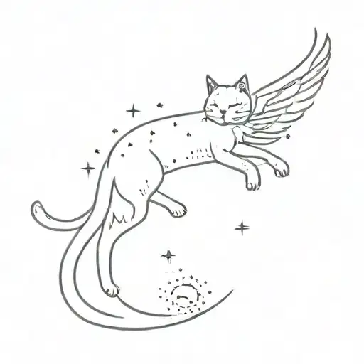 Cat With Wings And Constellations In Its Body Jumping Over A Crescent Moon