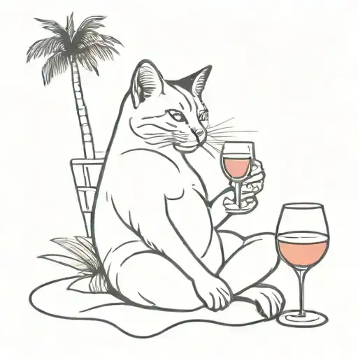 A Blackwork Tattoo Of A Cat Lounging On A Tropical Beach With A Glass Of Wine In Hand