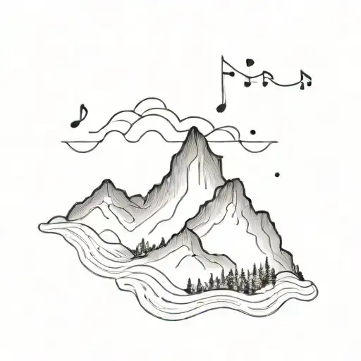 A Dotwork Tattoo Of A Mountain Landscape With Musical Notes Floating In The Sky