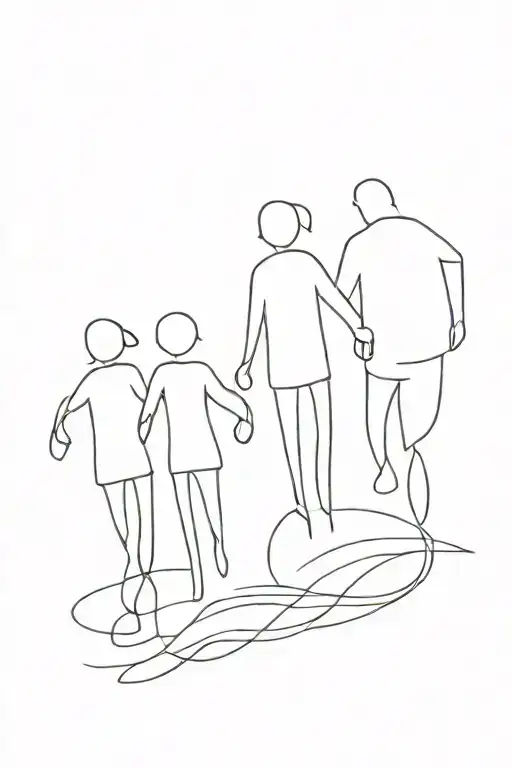 Family 4 Members Holding Hands Fine Line