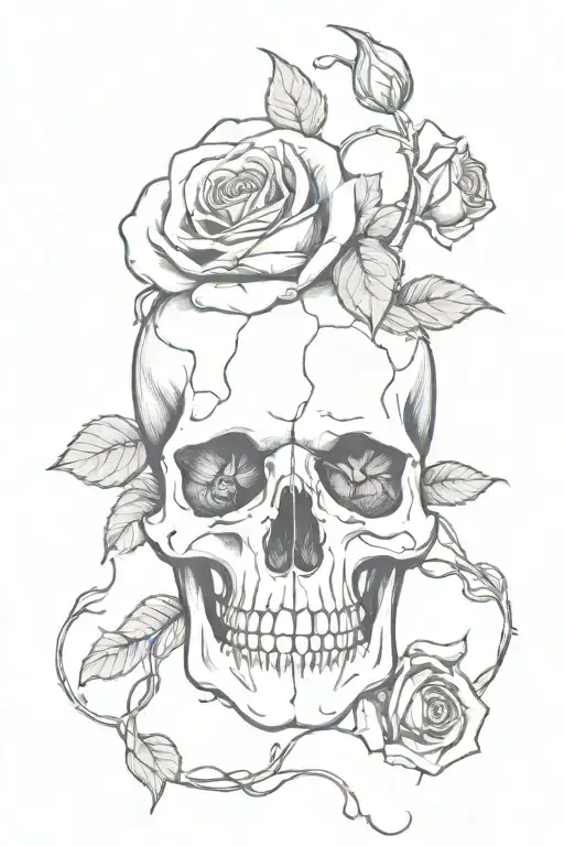 Broken Skull With Roses Growing Inside And Vines Wrapped Around