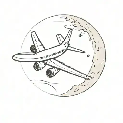 Airplane With Moon On Background Black And White