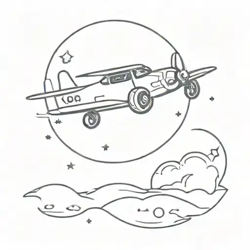 Little Airplane With Moon On Background Black And White