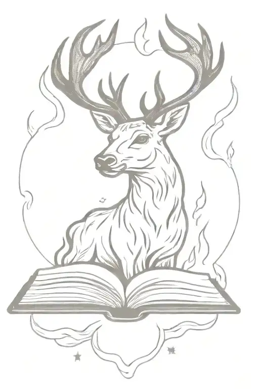 Stag Head Over Open Book Surrounded By Fire Flames Stars Over