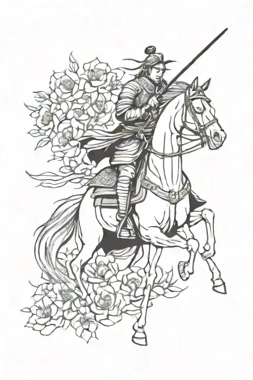 Samurai Riding Horse With Flowers
