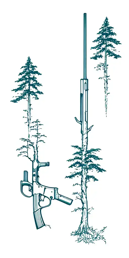 Rifle And Jungle Forest With Trees