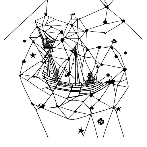 Pirate Ship On Sea Under The Stars Birds Milky Way Time Geometric