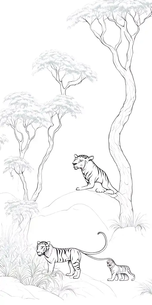 Lion And Tiger And Jungle Forest With Trees Growing