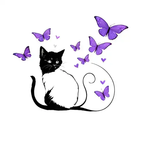 Black Kitten Playing With Purple Butterflys