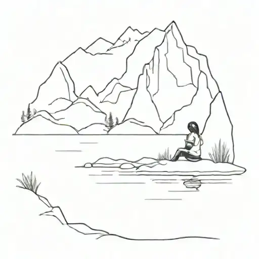 Mountain Landscape By The Water With A Girl Sitting