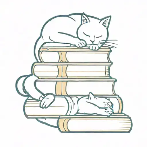 A Minimalist Tattoo Of A Stack Of Books With A Cat Lounging On Top