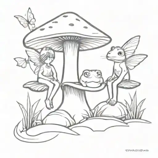 Fairies Sitting On A Mushroom Next To A Frog