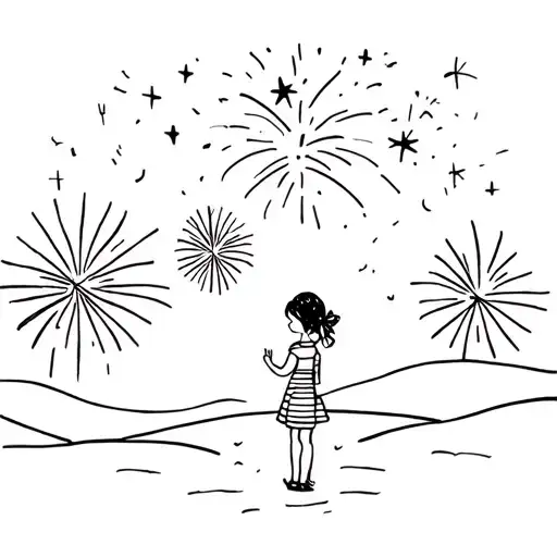 Little Girl Watching Fireworks In The Sky