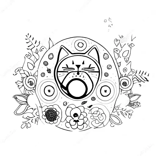 A Cat Sleeping In Flowers With A Crescent Moon And Stars