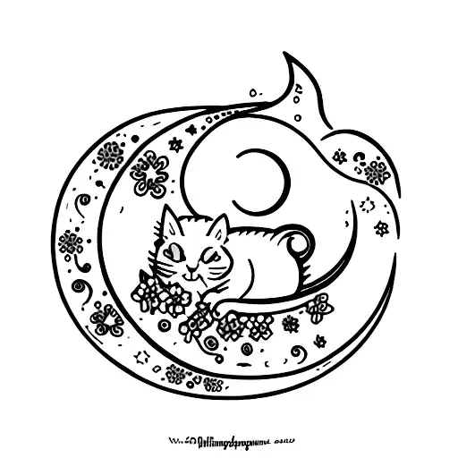 A Cat Sleeping In Flowers With A Crescent Moon And Stars